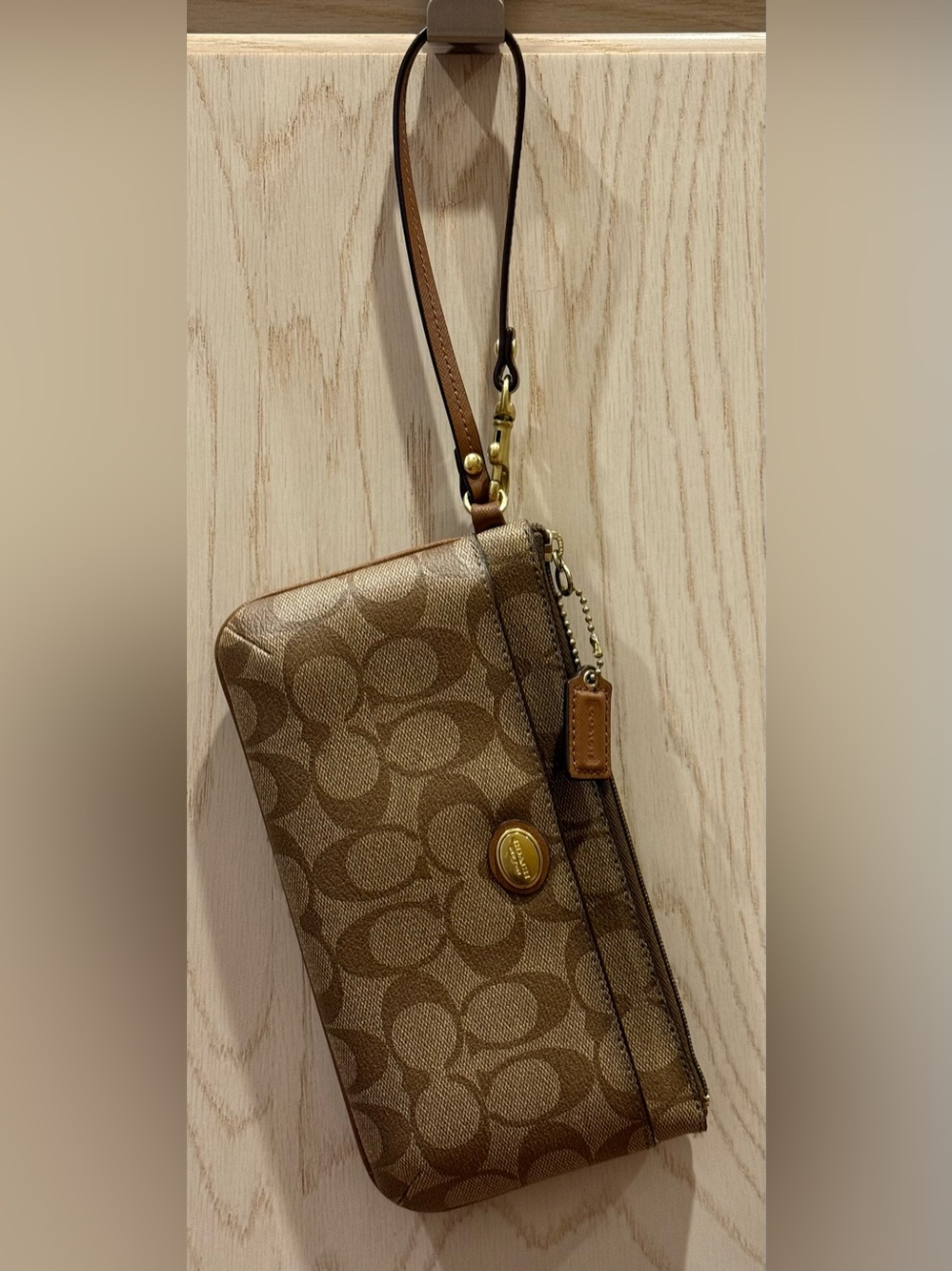 Coach Tan/Brown Signature Coated Canvas Wristlet with Leather Strap